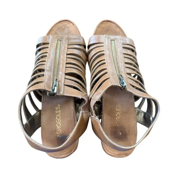 Aerosols Women’s Faux Leather Zip Front Wedge Sandle Brown Size 10M - Picture 4 of 11